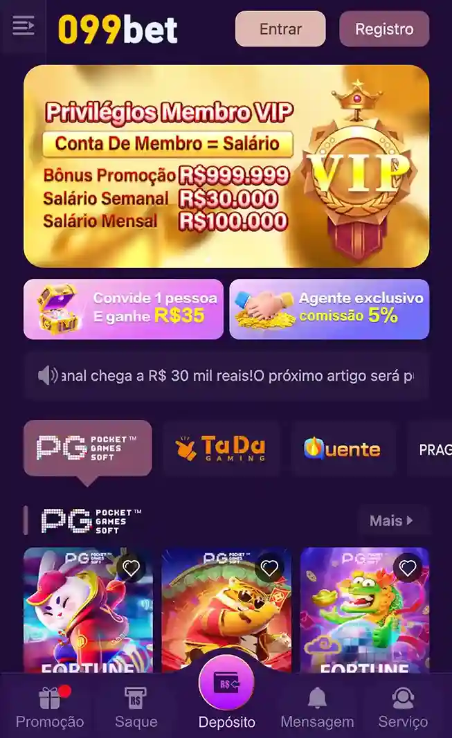 Interface do app 099BET mostrando apostas esportivas e slots no celular.